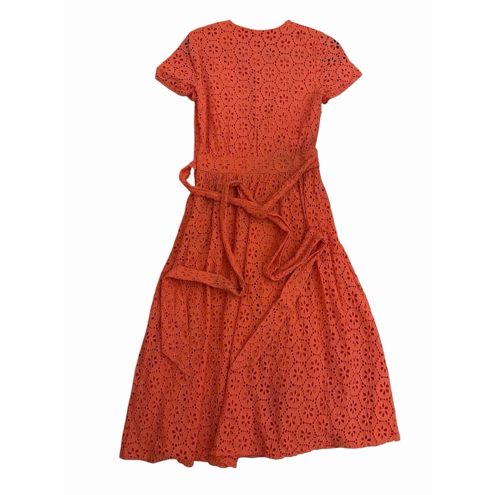 1901 Eyelet Lace Midi Dress Coral Orange Wrap Style Short Sleeve size 6 - Picture 5 of 9